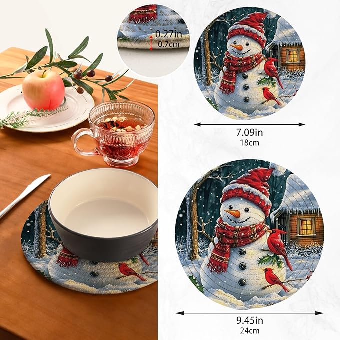 Snowman Red Bird Winter House Kitchen Trivets Pot Holders Set of 2, Trivets for Hot Pots Dishes Woven Trivet Coaster Pad Mat for Counter
