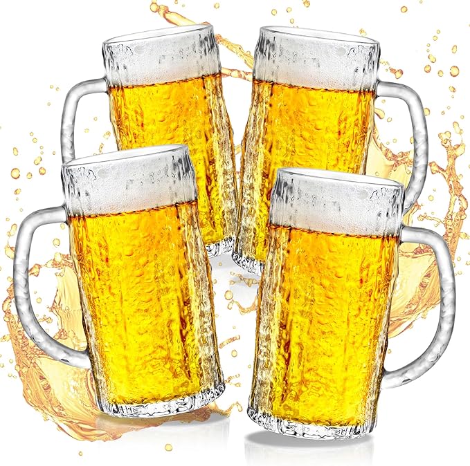 16.5oz Beer Mug, 4 Pack Glass Beer Mugs for Freezer, Clear Large Beer Steins with Handle, Gifts for Men
