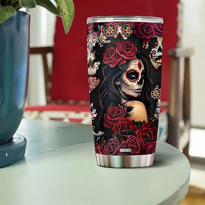 Sugar Skull Gifts for Women Insulated 20oz Stainless Steel Coffee Cup Travel Mug Water Bottle Tumbler With Lid Tattoo Girls Wife Daughter Mom