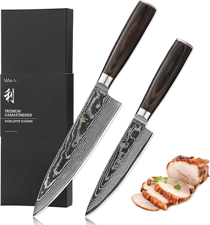 Wakoli EDIB Essentials 2-Piece Damascus Chef Knife Set – Professional Kitchen Knives with 67-Layer VG10 Core Steel, Ergonomic Pakkawood Handles – Premium Cooking Knives in Gift Box