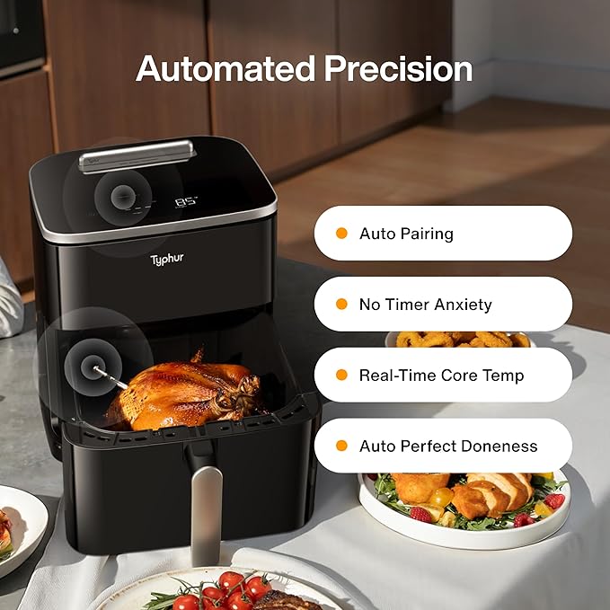 Typhur 8QT Sync Air Fryer with Built-in Wireless Meat Thermometer, 9-in-1 Smart Non Toxic Ceramic Airfryer for Quick Easy Meals, 450°F Max, Cooks 6lb Whole Chicken, Dishwasher Safe, 120V