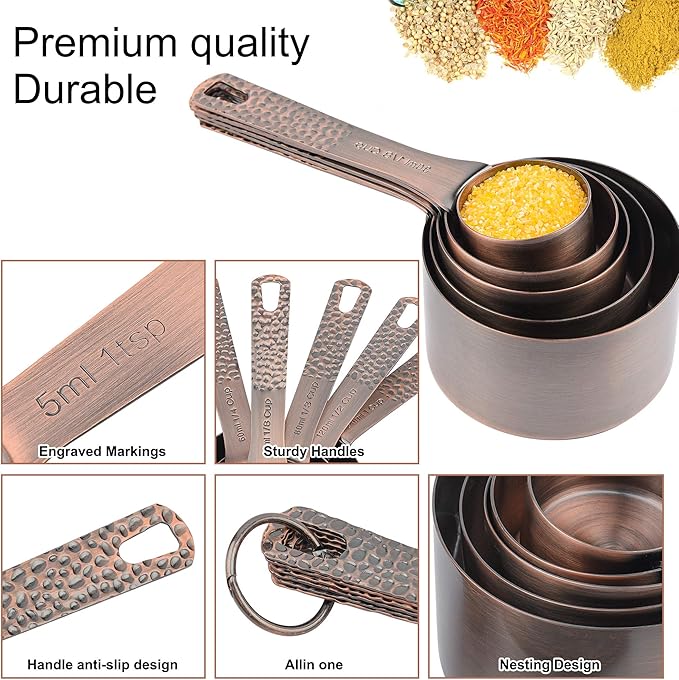 Copper Measuring Cups and Spoons Set, Stainless Steel Measuring Tools Set for Baking & Kitchen, Metric & US 4 Copper Plated Measure Cups and 5 Measure Spoons with Leveler for Wet & Dry