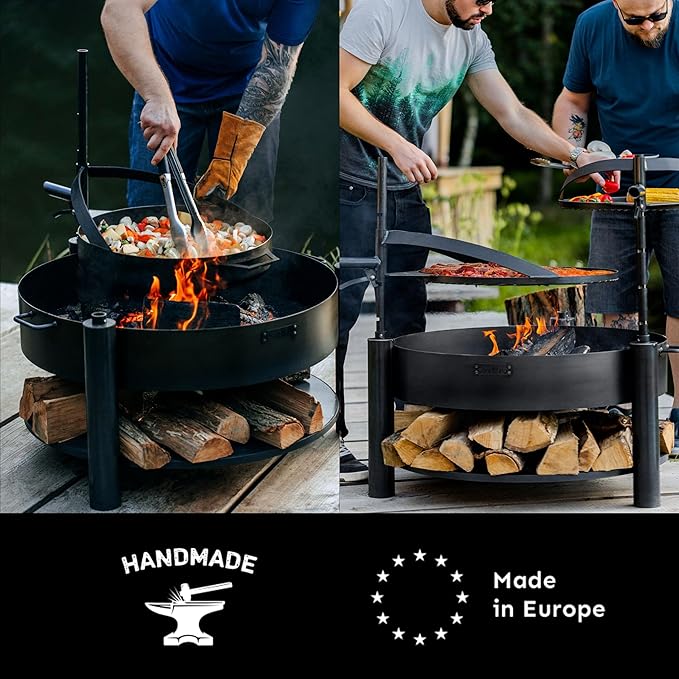 Grand Hearth 32" Cooking Fire Pit, Deluxe 3-in-1 Grill Plate, Griddle Skillet Set, Rods, Frying Pan Set, Backyard BBQ Grilling Campfire, Handcrafted, Large Outdoor Steel Firepit by Good Directions