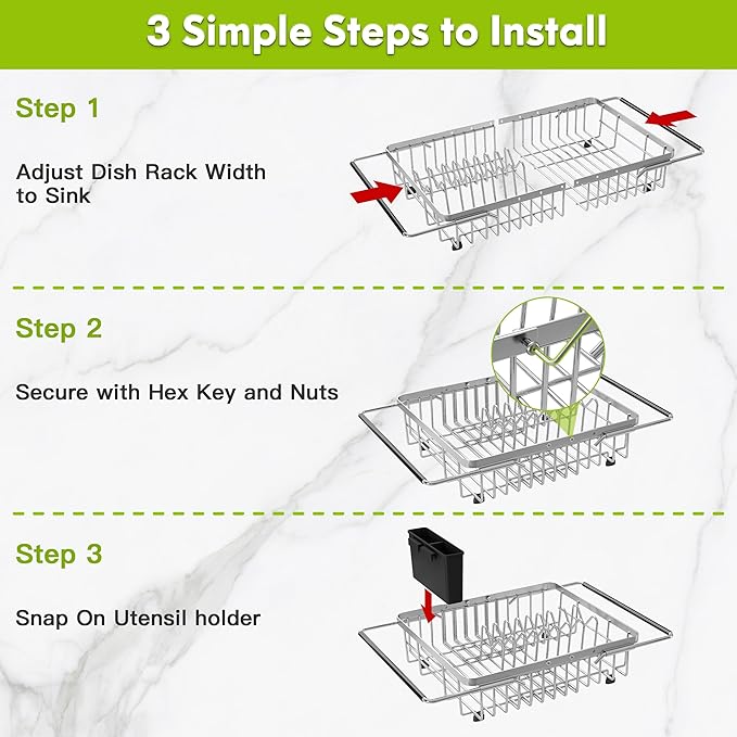 JASIWAY Dish Drying Rack in Sink, Expandable Stainless Steel Dish Drainer for Kitchen Sink, Dish Strainer Rack, Retractable Over Sink Dish Rack with Utensil Holder, 13.1''~16.6''D x 11.8''W, Silver