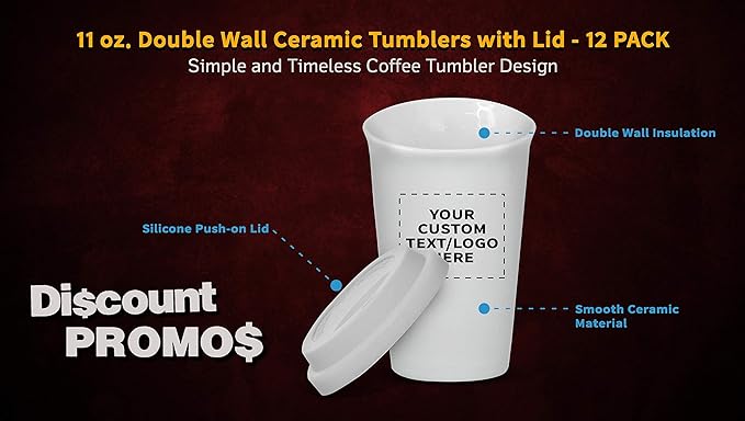 Personalized 11 oz. Double Wall Ceramic Tumblers with Lid - 12 Pack - Custom Text, Logo - White