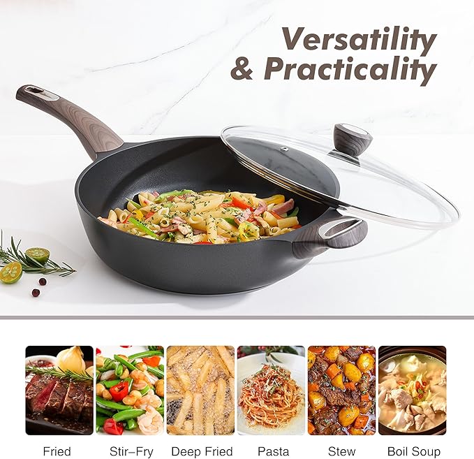 SENSARTE Nonstick Frying Pan Skillet with Lid, 12 Inch Large Deep Frying Pan, 5 Qt Non Stick Saute Pan with Cover, Induction Pan, Healthy Non Toxic Cooking Pan with Helper Handle, PFOA PFOS Free