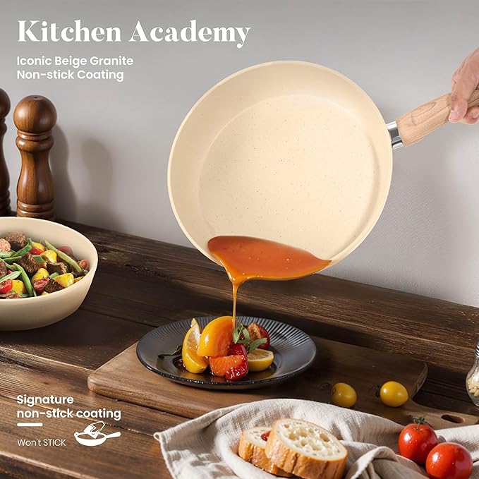Kitchen Academy Induction Pots and Pans Set Non Stick - 12 Pieces Nonstick Kitchen Cookware Set, Granite Cooking Set Pots and Pans, Beige