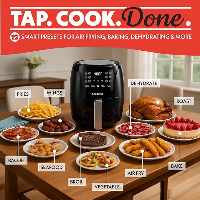 Gourmia Air Fryer Oven Digital Display 4 Quart Large AirFryer Cooker 12 1-Touch Cooking Presets, Black and Stainless Steel Accents Fry Force GAF486