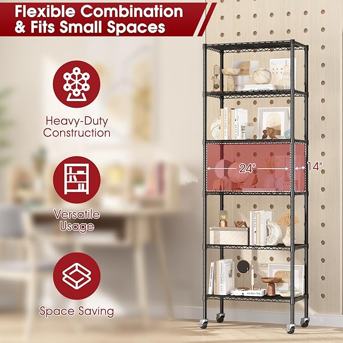 2 PACK 750 lbs Capacity Heavy Duty Garage Wire Rack Shelving, Adjustable 6-Shelf Metal Shelving with Wheels, 14"D x 24"W x 71"H Space-Saving Rolling Storage Shelves for Closet, Kitchen & Garage, Black