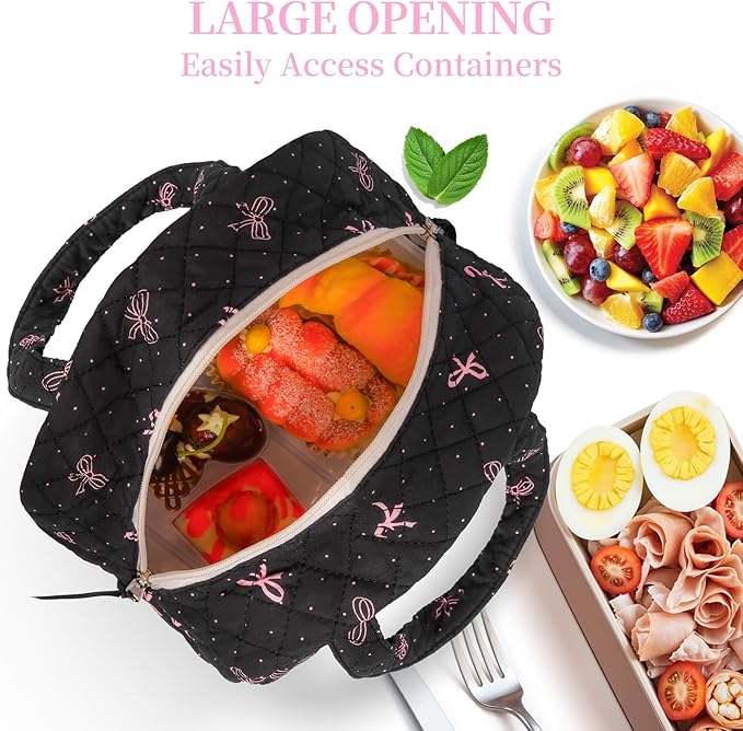 Quilted Lunch Box for Women,Lunch Box for Teen Girls,Cute Black Bow Lunch Bags for Work, School,Office,Picnic,Travel (black bow polka dots)