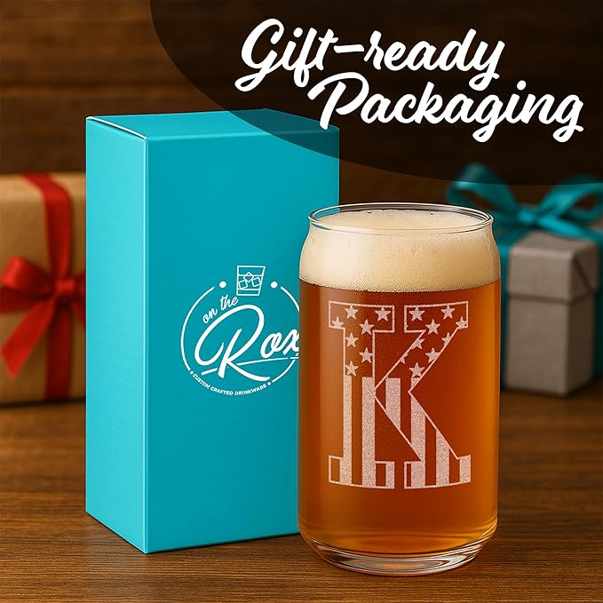 Monogram Beer Glasses for Men (A-Z) 16 oz - Beer Gifts for Men Brother Son Dad Neighbor - Unique Gifts for Him - Personalized Drinking Gift Beer Glass Mugs - Engraved Beer Can Glass (K)