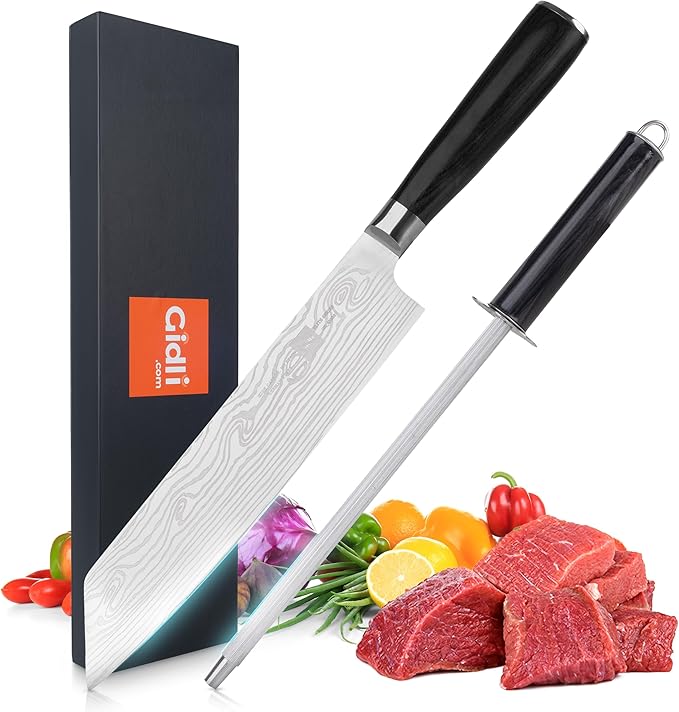 Gidli 8-Inch Chef Knife with Diamond Sharpener – Sharp Kitchen Knife Made of German Carbon Stainless Steel with Ergonomic Wooden Handle for Slicing, Chopping&Dicing of Meat, Seafood -Gift Box Included