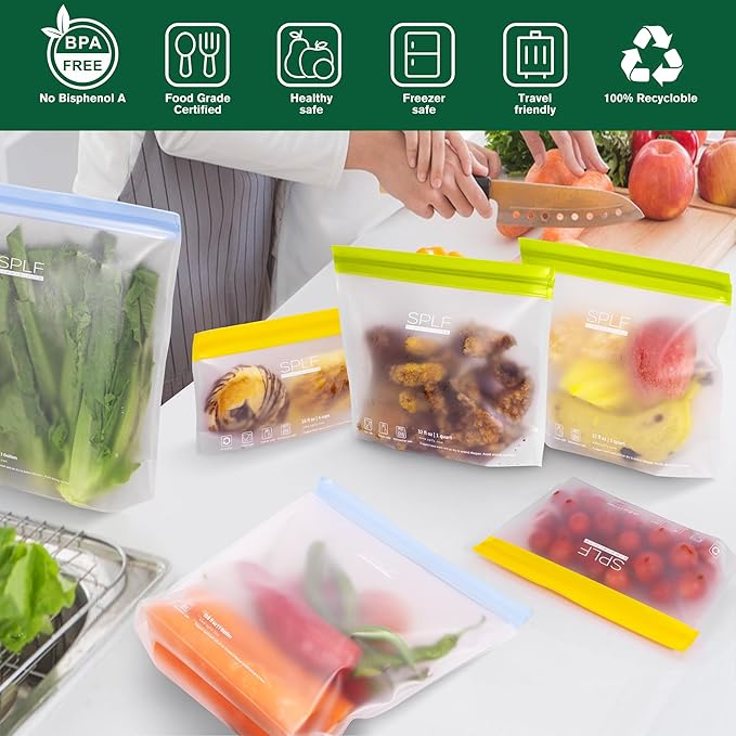 SPLF 10 Pack Stand-Up Reusable Food Storage Bags Dishwasher Safe, BPA Free Reusable Freezer Bags, Extra Thick Leakproof for Meal Prep, Sandwich, Bread, Veggies - 3 Gallon 4 Quart 3 Snack