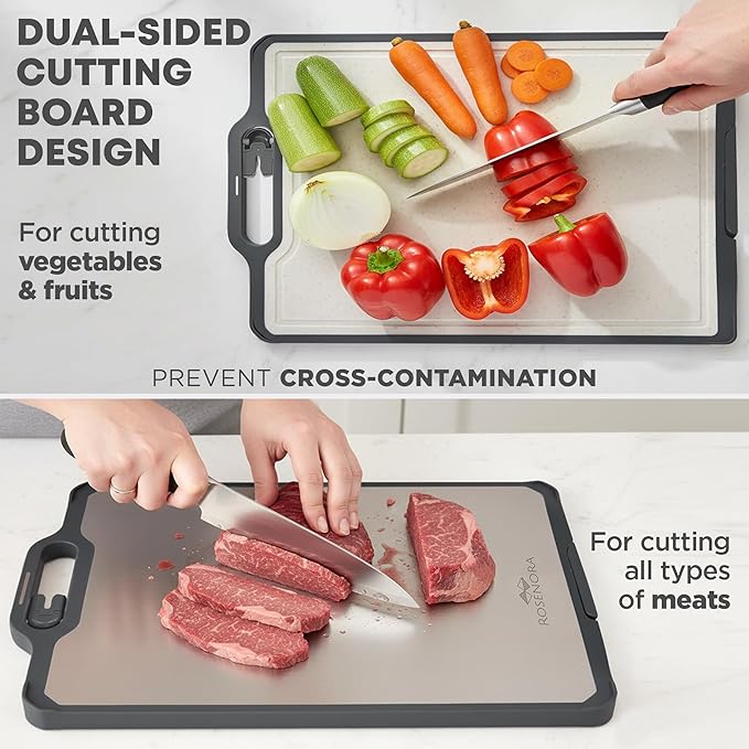 Double-Sided Titanium Cutting Board with Stand, Knife Sharpener, Grater & Storage Bag | Non-Toxic Titanium + Wheatstraw PP Chopping Board | Healthy Kitchen Accessory for Meat, Vegetables & Fruit
