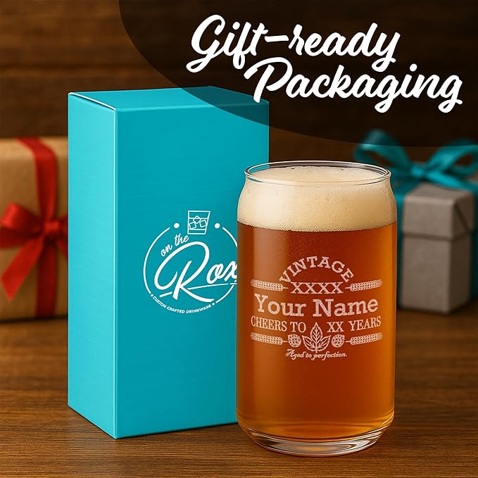 On The Rox Drinks Customized Beer Can Glass - Personalized Birthday Gift - Engraved Vintage Cheers - Aged To PERFECTION - Etched Beer Glass - Barware (1)