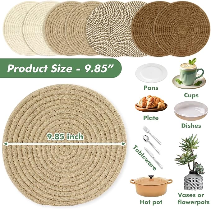 10 Inch Cotton Rope Trivets for Hot Dishes Set of 8 Heat Resistant Mats for Countertop Potholders for Kitchens Trivets for Hot Pots and Pans and Quartz Countertops Farmhouse Kitchen Décor, Mixed Brown