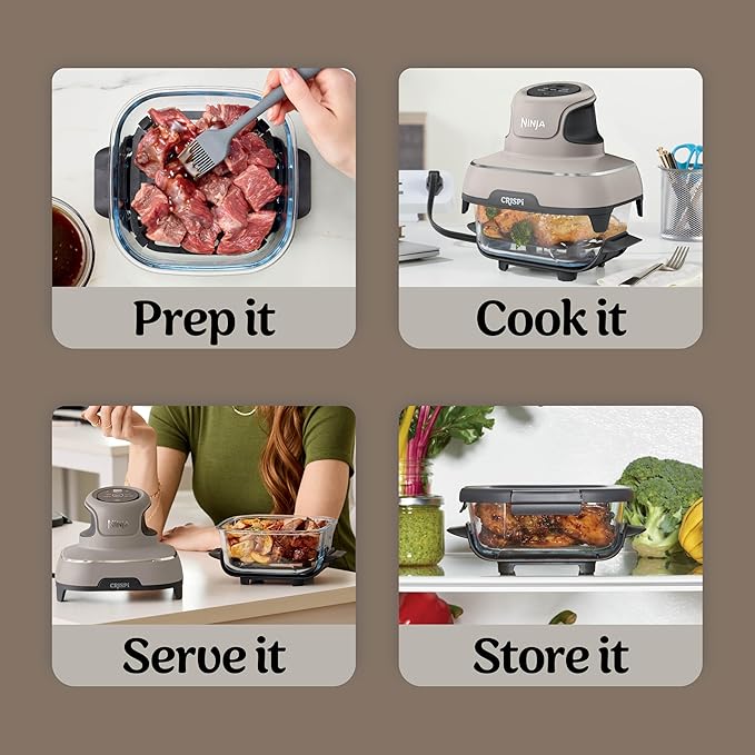 Ninja Crispi Air Fryer, Microwave, Freezer & Dishwasher Safe, Non Toxic Glass Portable Cooking System, 4 QT & 6 Cup Glass Containers with Storage Lids, Easy Meals, Air Fry, Bake, Stone, FN101ST