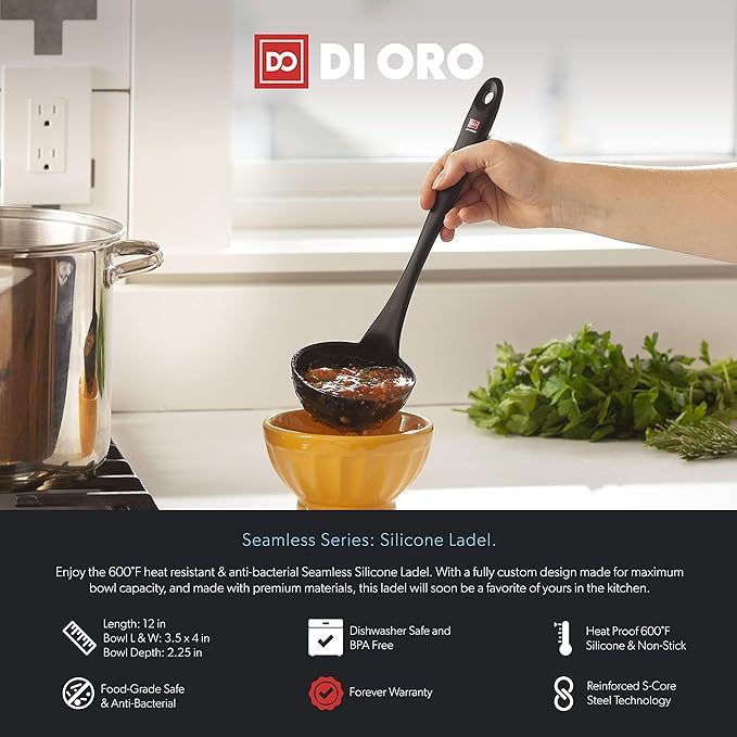 DI ORO Silicone Ladle – Soup Ladle for Cooking & Serving Heat-Resistant - Large Kitchen Soup Ladle Nonstick Cookware Safe - Soup Serving Spoon with Wide Bowl - Silicone Utensil Dishwasher Safe (Black)