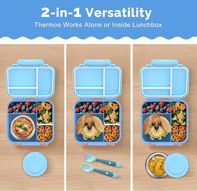 Bento Box for Kids with Soup Thermos(9oz)– Kid Bento Lunch Box with Leak Proof Insulated Food Jar, Hot & Cold Lunch Container Set for School Girls Boys, 4-Compartments, Dishwasher Safe, Blue