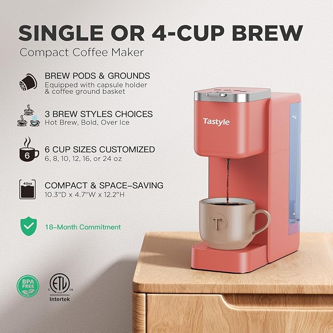 Single Serve Coffee Maker, Iced and Hot Coffee Machine for K Cup & Grounds, Compact Design, 40oz Removable Water Reservoir, 6 to 24 Oz Brew Sizes, Fits 7.3" Travel Mug, Salmon