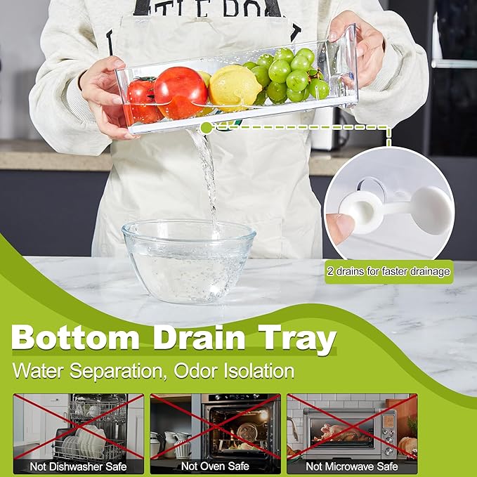 Pull Out Fridge Organizer Drawer, Stackable Refrigerator Storage Bins with Drain Tray and Lid, Clear Fruit and Vegetable Storage Containers Box, for Kitchen Freezer, 2-Pack