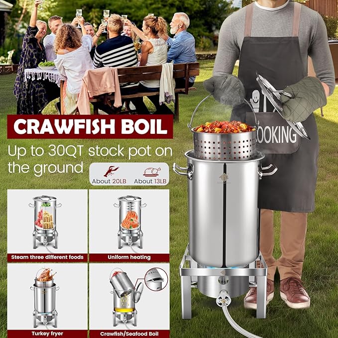 ARC Stainless Steel Stock pot with Propane Burner, Seafood Boil Pot with Basket and Steamer, Cookware for Crawfish Crab Shrimp Lobster Boiling Pot, Turkey Fryer Pot (Stainless Steel Pot with Burner)
