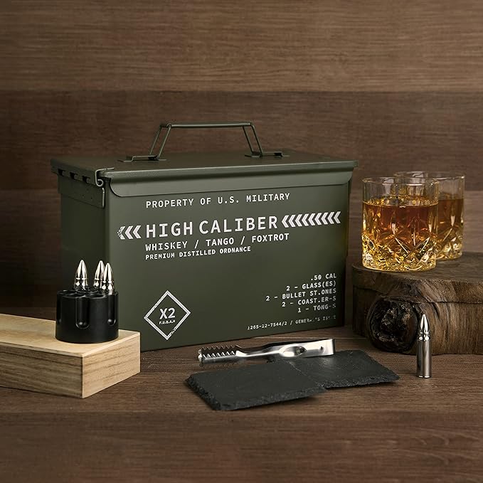 Titan LSO Whiskey Glasses and Stones in Unique Tactical Box Display | Bourbon Cocktail Cups, Coasters and Tongs | Gifts for Men | Glass Set