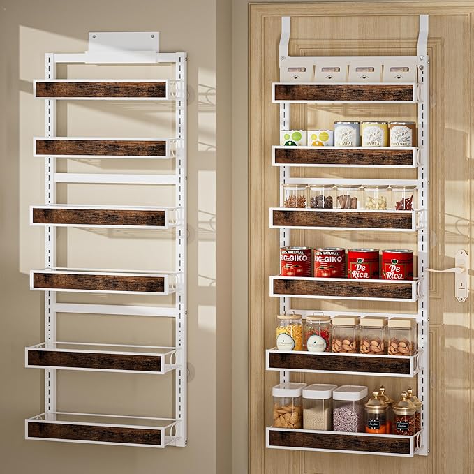 Over The Door Pantry Orangizer,6 Tier Wall Mounted or Hanging Spice Rack with Adjustable Wood Basket,Metal Heavy Duty Behind Door Storage Shelf for for Kitchen Pantry and Bathroom