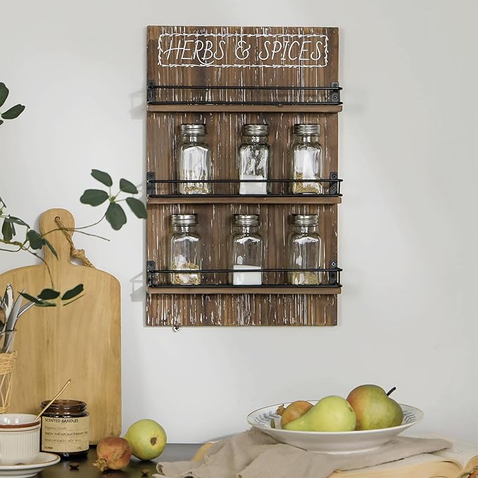 Farmhouse Wall Mount Spice Rack, Brown Wooden 3-Tier Shelf Organizer, Kitchen Pantry Wall-mounted Space Saving Storage Holder for 18 Jars