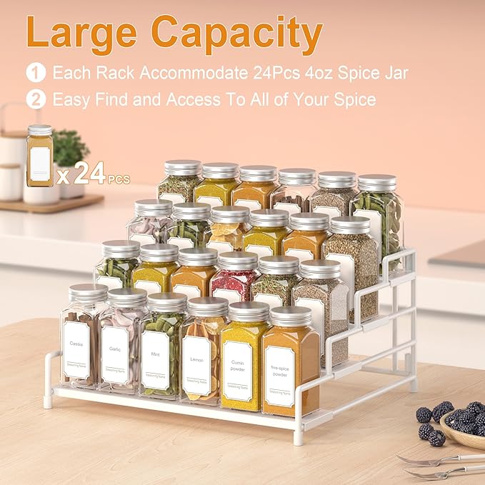 4-Tier-Spice-Rack-Organizer-for-Cabinet, Adjustable Depth Spice Holder Shelf For Countertop Pantry Cupboard, Metal Tiered Seasoning Organizer,Display Shelf Riser (White-2 Pack)