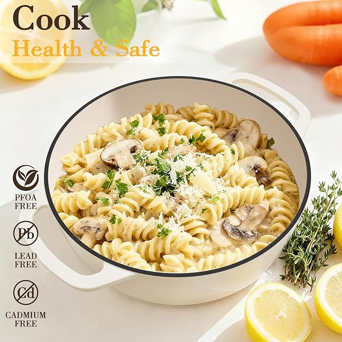 Umite Chef 6QT Enameled Cast Iron Dutch Oven with Lid, Versatile Heavy-Duty Cookware Pot for Baking Bread, Braising, Soups & Stews, Oven & Stovetop Safe with Heat Resistant Gloves（Cream White）