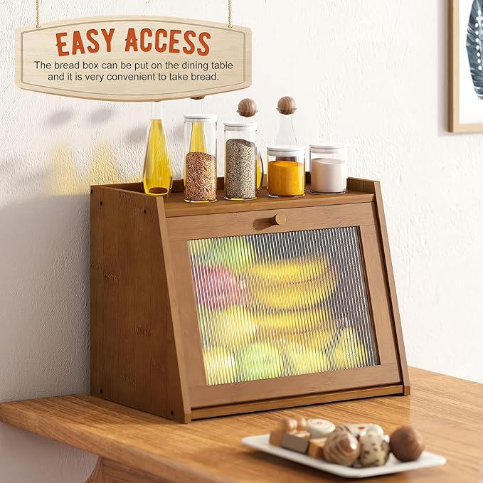 GHWIE Large Bread Box, Easy Access & Cleaning - Bamboo Bread Box for Kitchen Countertop with Acrylic Door (Coffee, Large)