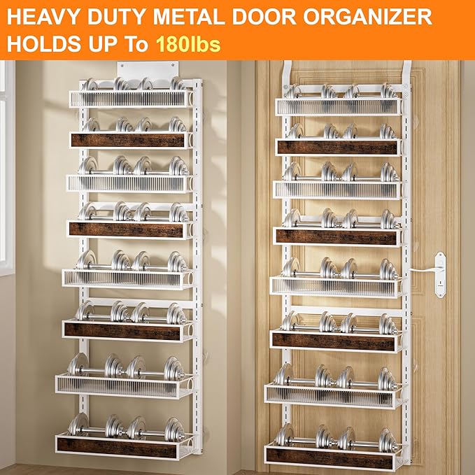 Over The Door Pantry Organizer,8 Tier Hanging Door Spice Rack with Adjustable Wood Basket and Acylic Basket,Metal Heavy Duty Wall Mounted Door Storage Shelf for Kitchen Pantry and Bathroom