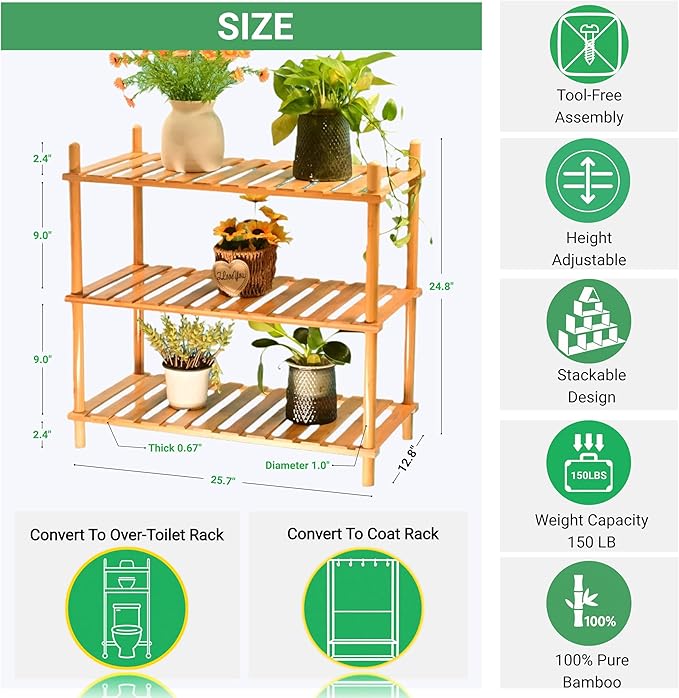 GOGOGO Expandable 3-Tier Bamboo Bathroom Shelf - 150LBS Heavy-Duty, Tool-Free Assembly, Multifunctional Storage for Bathroom/Kitchen/Office Holder Plant Flower Stand- Useful Home & Housewarming Gift