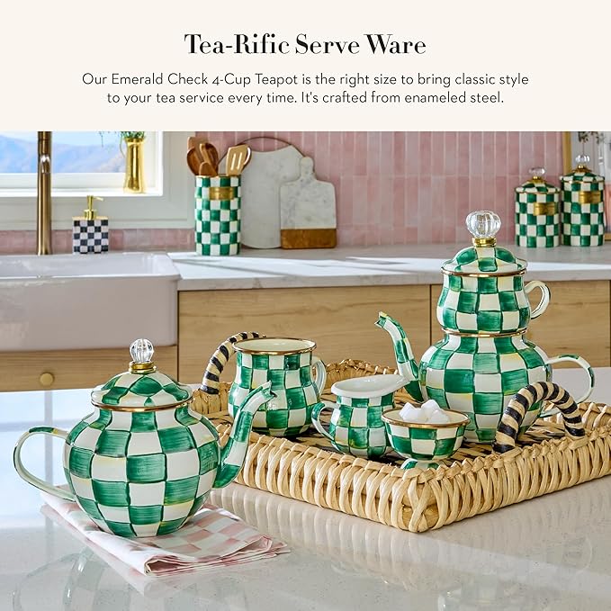 MACKENZIE-CHILDS Enamel Teapot, Cute Small Teapot with Lid, 4-Cup Capacity, Green-and-White Emerald Check