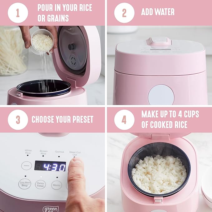 GreenLife Digital Rice Cooker, 2-Cups Uncooked/4-Cups Cooked, Removable Nonstick Ceramic PFAS-Free Pot, One-Touch Presets, Oats, Quinoa, Brown Rice, Auto Keep Warm, Fuzzy Logic Tech, 1.5QT, Pink