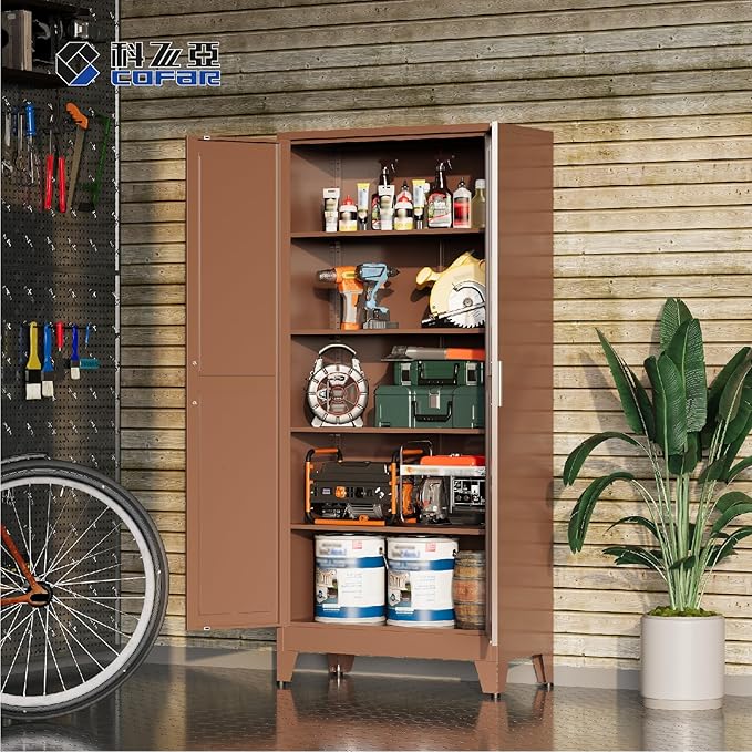 COFaR 71 in Tall Metal Storage Cabinet, Metal Cabinet with 4 Adjustable Shelves and Barn Doors, Farmhouse Cupboard Storage for Kitchen Pantry Garage, Brown 5-Tier