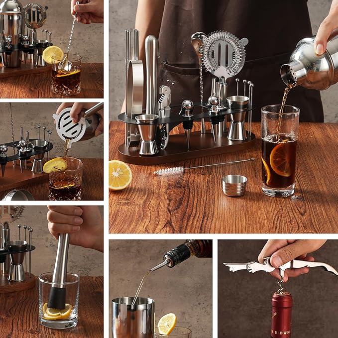 23-Piece Bartender Kit, Cocktail Shaker Set with Stand | Bar Drink Mixer Set with All Essential Bar Tools: Martini Shaker, Jigger, Strainer, Pourers, for Home, Bar, Party (Chocolate-y)