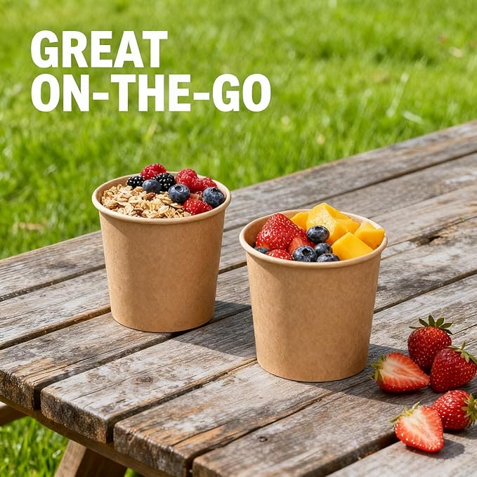 Paper Town Disposable Paper Soup Containers with Vented Lids, Kraft, 12 oz, Round, 50 Count, Compostable Food Storage Container, Ice Cream Cups