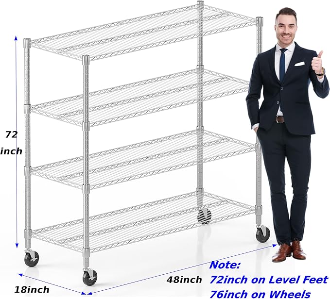 Homdox Heavy Duty Metal Shelves for Storage, 4 Tier Storage Racks and Shelving, Commercial Adjustable Wire Shelving Unit on Wheels, Garage Rack Pantry Shelves Kitchen Shelving, 18"x48"x72", Chrome