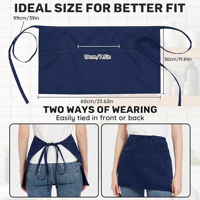 3 Pack Waist Apron with 3 Pockets, Unisex Black Waiter Aprons, Water Resistant Server Aprons for Restaurant Chef Bar