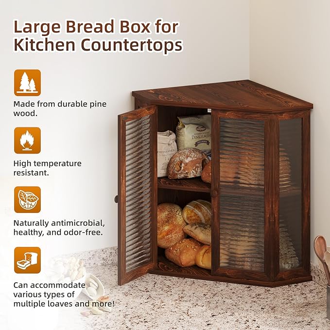 Extra Large Corner Bread Box for Kitchen Countertop, 16.5 Inch Charred Pine 2-Tier Breadbox with Glass Wavy Door Panel, Vintage Farmhouse Style Wood Design