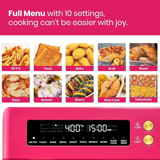 VAL CUCINA Limited Edition Happy Pink Infrared Heating Air Fryer Toaster Oven, Extra Large Countertop Convection Oven 10-in-1 Combo, 6-Slice Toast, Enamel Baking Pan Easy Clean with Recipe Book