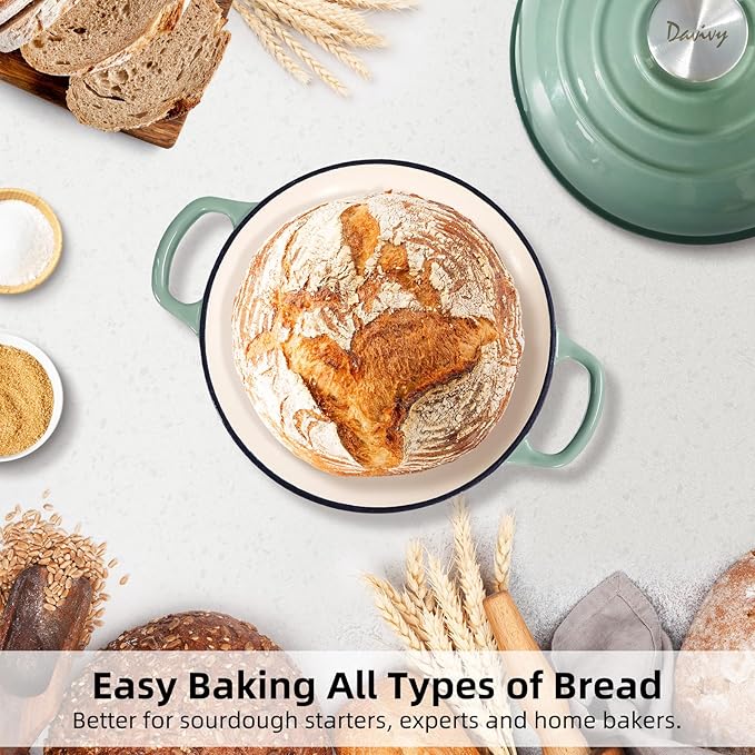 Davivy 5.5QT Sourdough Dutch Oven with Domed Lid, 10" Round Bread Dutch Oven, Enameled Cast Iron Bread Oven, Bread Oven for Sourdough - Sea Salt Green
