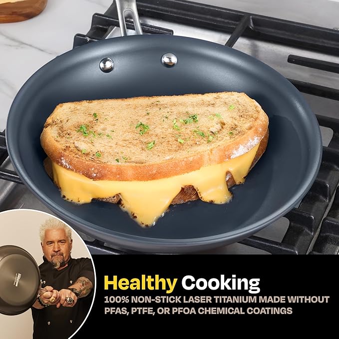 Guy Fieri's Flavortown Laser Titanium 12” Fry Pan with Lid - Non-stick Cookware Without PFAS, PTFE, or PFOA, 3x More Durable, Dishwasher Safe, Oven Safe