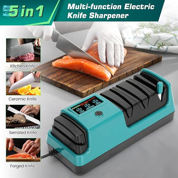 Electric Knife Sharpener with LCD Screen for Straight, Serrated, Meat Cleaver, Ceramic Knives & Scissors, 3 Rotational Speed Adjustable Electric Kitchen Knife Sharpener, 100% Diamond Abrasives