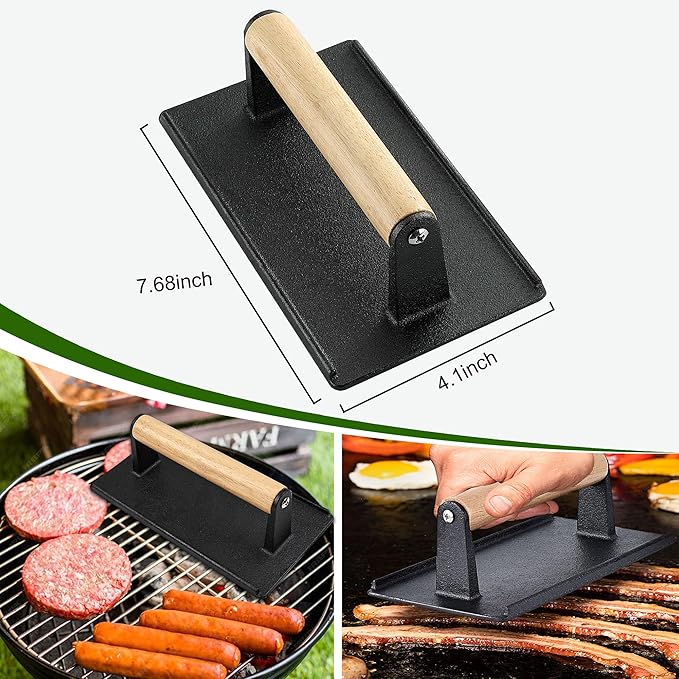 POLIGO 5PCS Smash Burger Press Kit - 4 in 1 Hamburger Patty Storage Containers,7.68"X4.1" Rectangle Cast Iron Smash Bacon Press- Non Stick Smash Burger Press Set for Grill and Griddle Cooking