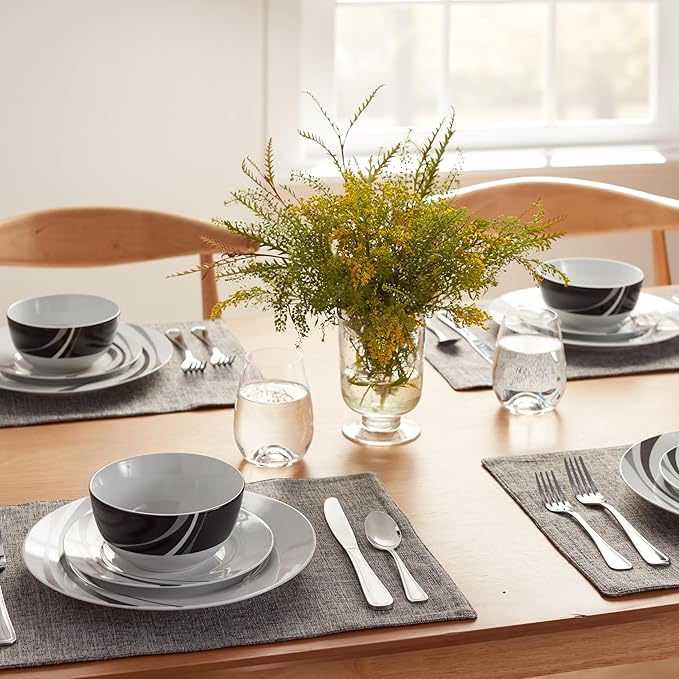 Amazon Basics Dinnerware Set, Microwave and Dishwasher Safe, Service for 6, 18-Piece Complete Kitchen, Plates, Dishes, Bowls, Swirl