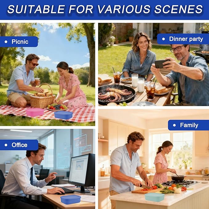 Silicone Adult Bento Box, 3 Compartment Leakproof Silicone Lunch Container, Lunch Box for Men and Women, BPA-Free, Microwave/Dishwasher/Freezer Safe, Reusable Snack Containers (3PCS-Royal Blue)