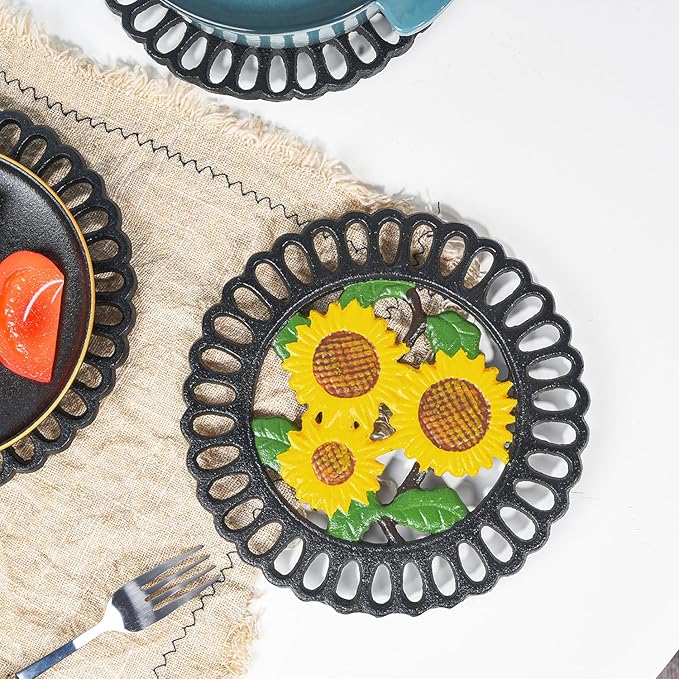 Sungmor Heavy Duty Cast Iron Trivet,Decorative Painting Trivet for Kitchen or Dinning Table,7.5x7.5 Inch - Round with Vintage Lovely Sunflower Pattern